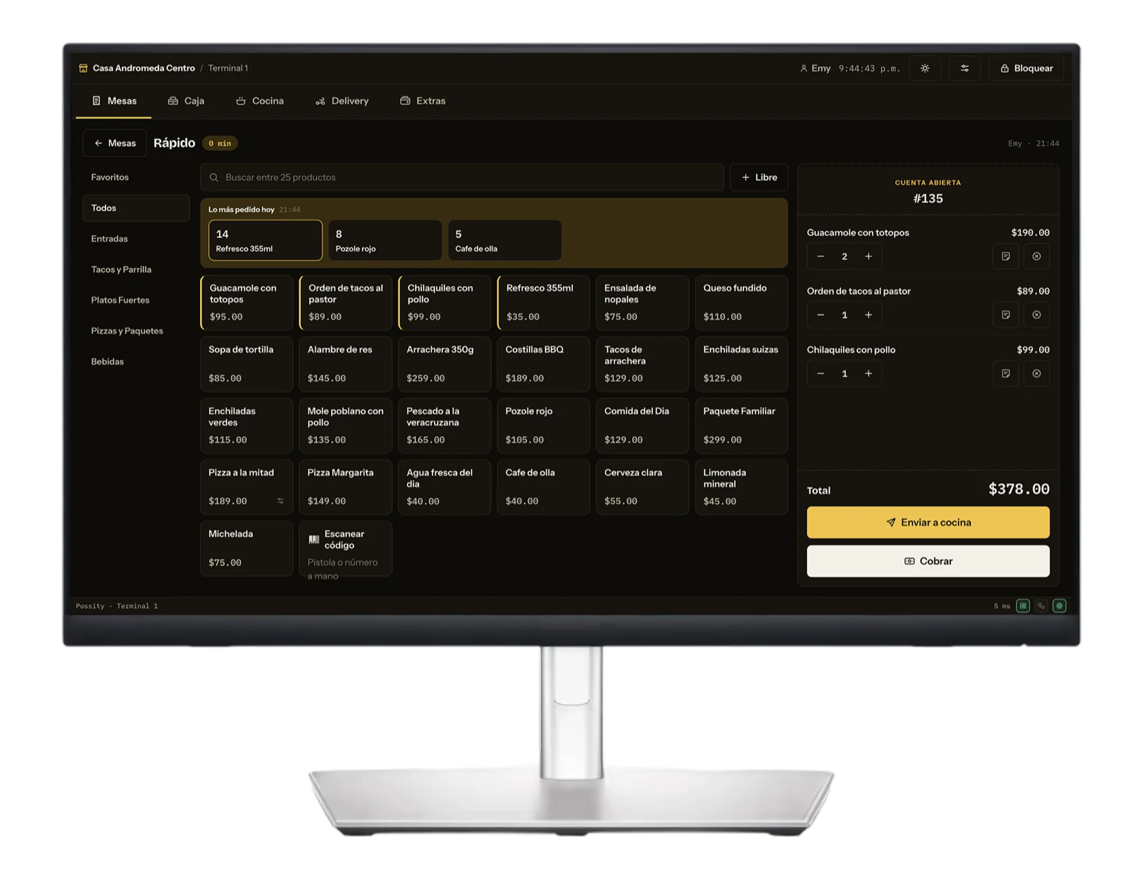 Possity en una terminal, catálogo de productos y la cuenta abierta con su total